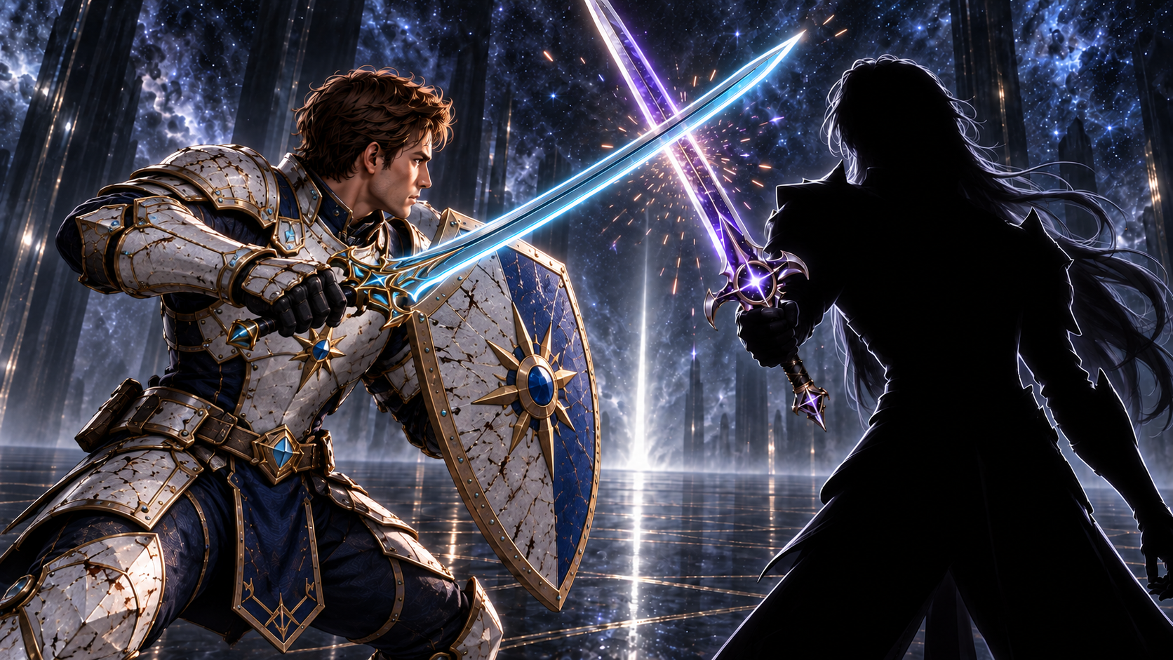In the dream hall, Arin battles an unidentified dark silhouette whose distinctive violet starfield sword remains clearly visible. Effortless counters knock Arin down repeatedly; he rises into a guarded crouch before the opponent instantly teleports far away.