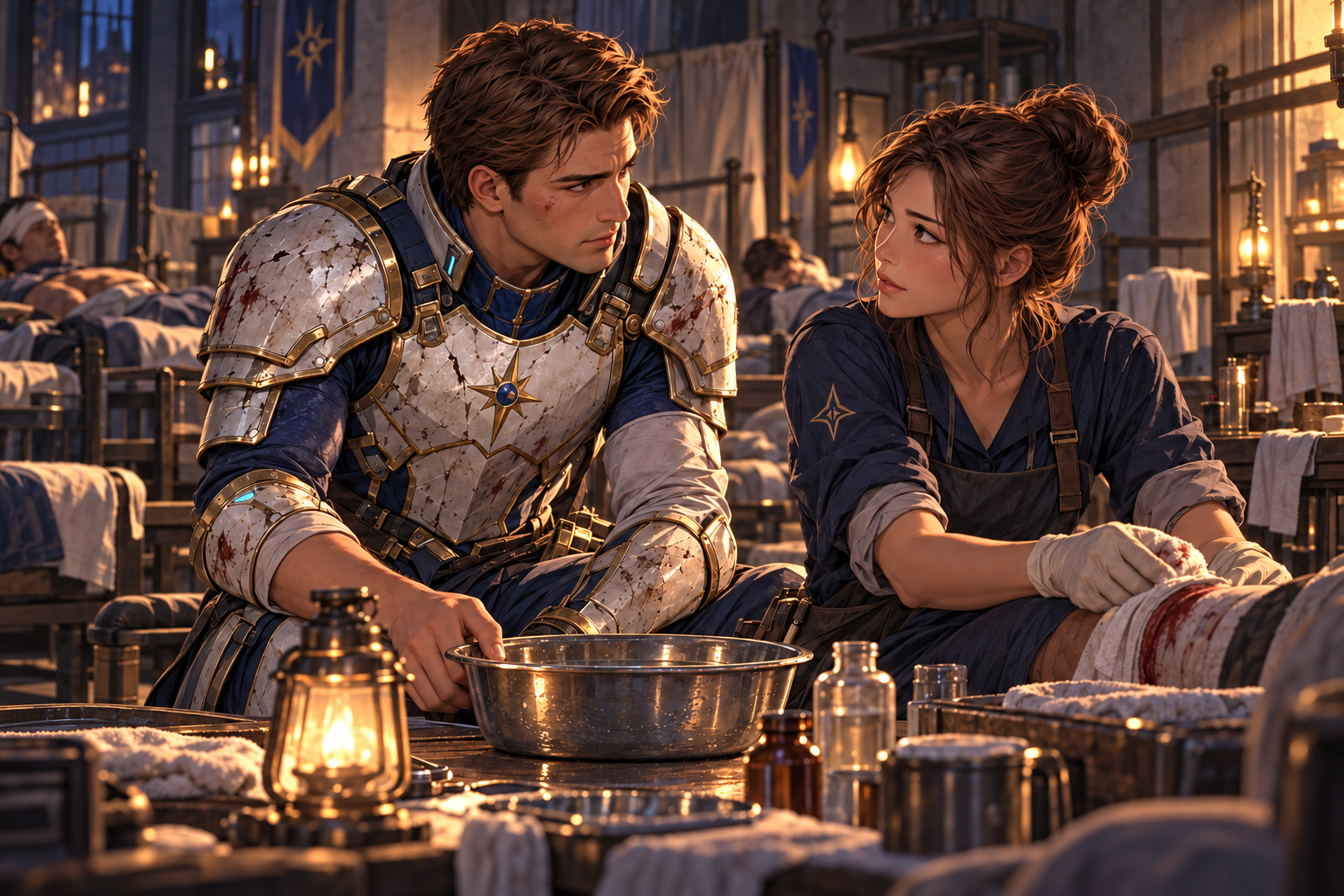 In the modest night clinic, Arin sets down his final basin then meets Mira's gaze honestly. She pauses washing a wound and listens, brown hair in a bun and plain navy rolled-sleeve clothes. Close intimate two-shot, exhausted compassionate faces, warm lamp reflected in water. Other patients blurred.