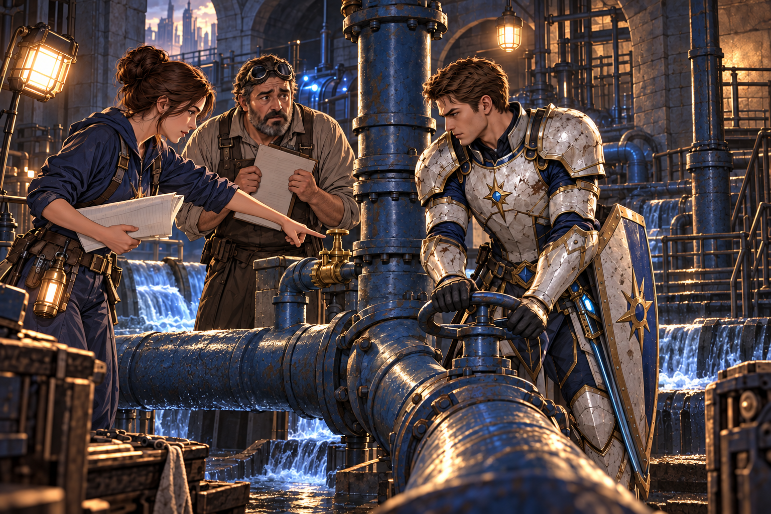 Before the supernatural surge, Mira in plain navy clothes studies intersecting industrial water pipes and indicates a bypass valve while the frightened municipal engineer holds an unsigned form and Arin reaches a manual wheel. Tension from keeping water flowing to people, blue machinery light and practical amber worklamp. All conscious and standing; no spell yet.