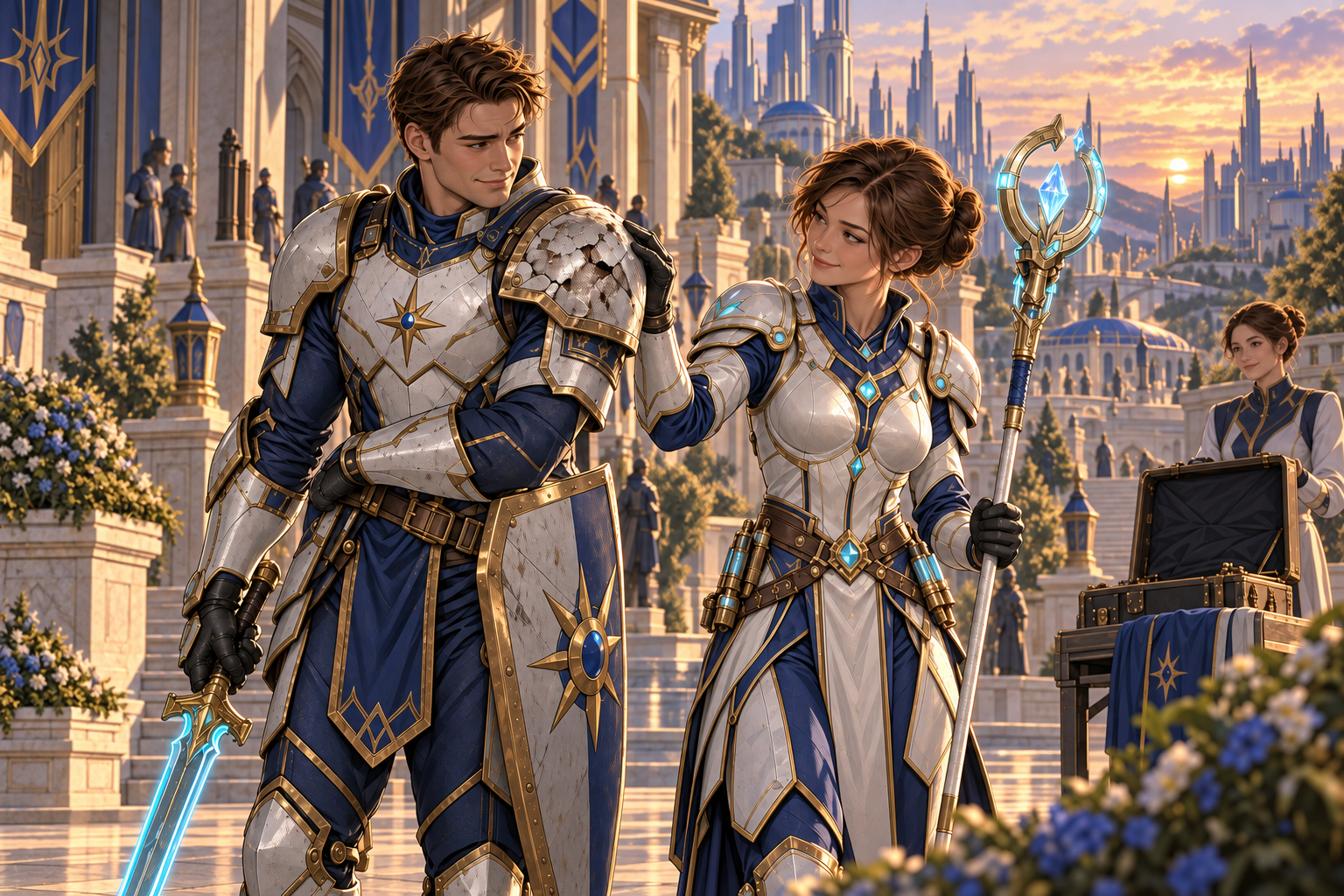 Outside the palace after the council, Mira now dressed in fitted white/navy/gold field armor and holding gold open-ring bluecrystal staff examines Arin's very battered matching surplus shoulder plate with a dry affectionate smile. He notices how much better her armor fits. A palace aide with an empty garment case behind, Neris spires in evening light. Two young adults, no crowns.
