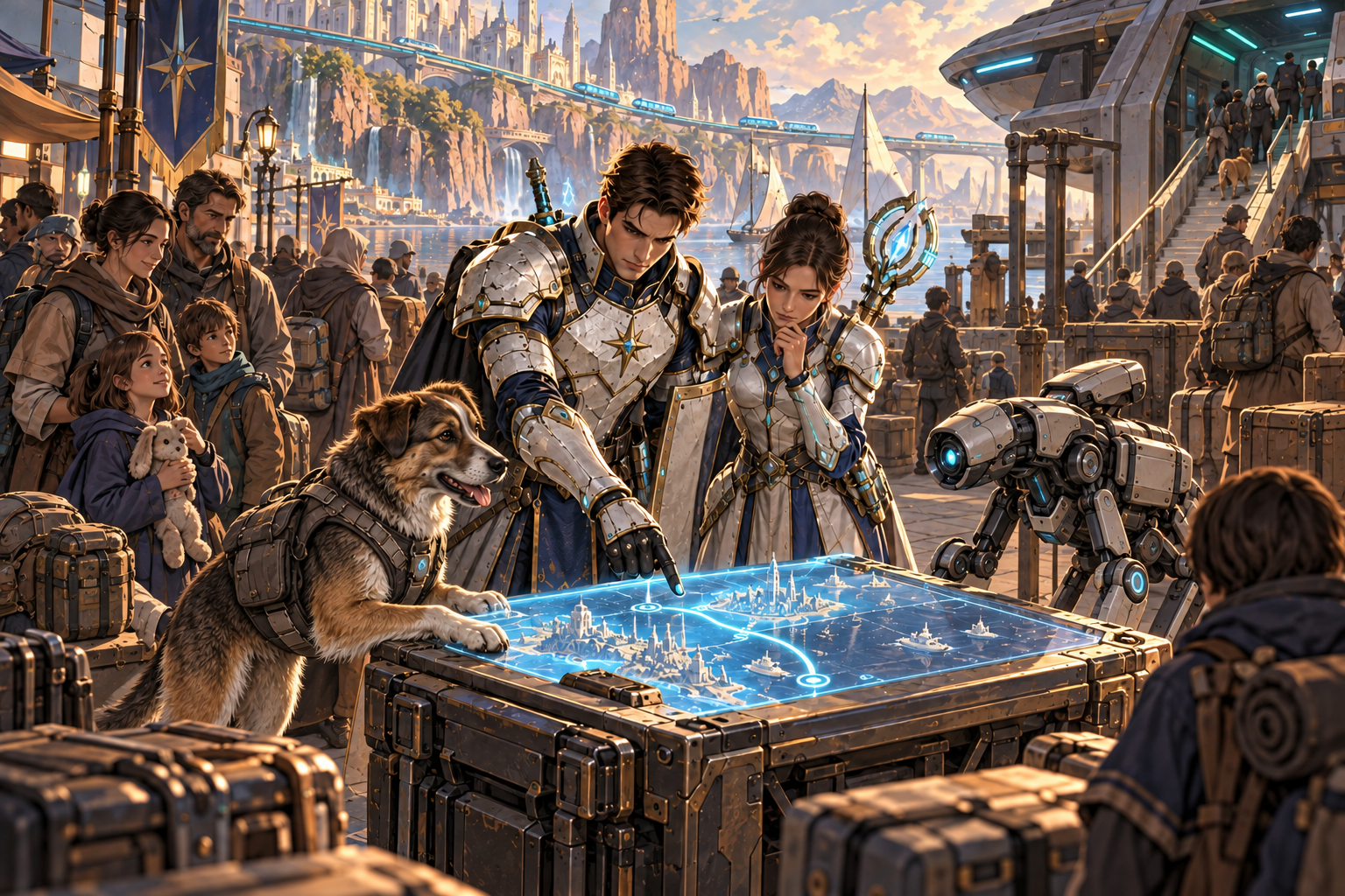 At Veyra port, armored Arin and Mira consult an intelligent quadrupedal canine evacuation coordinator at a low paw-operated route table. Arin indicates the same safe passage for civilian evacuees and their destination. A few human, artificial and four-legged canine families wait with travel packs, amber cliffs and teal transit rails. Thoughtful active logistics, not discovery or human superiority. No readable labels.