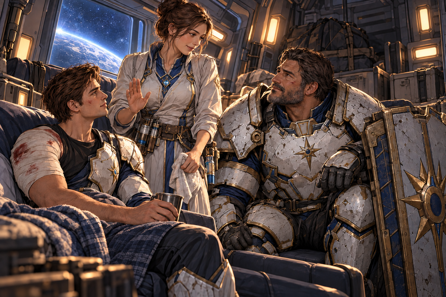 Inside the refuge shuttle broad older stubbled Orin, white/navy/gold heavy armor, looks up respectfully at the younger brown-bun healer Mira as he recognizes the princess. She waves off formality with tired gentle resolve. Arin sits with bandaged shoulder foreground. Close warm trio, Orin much broader and rugged, Mira without crown, soft blue window light and amber cabin lamp.
