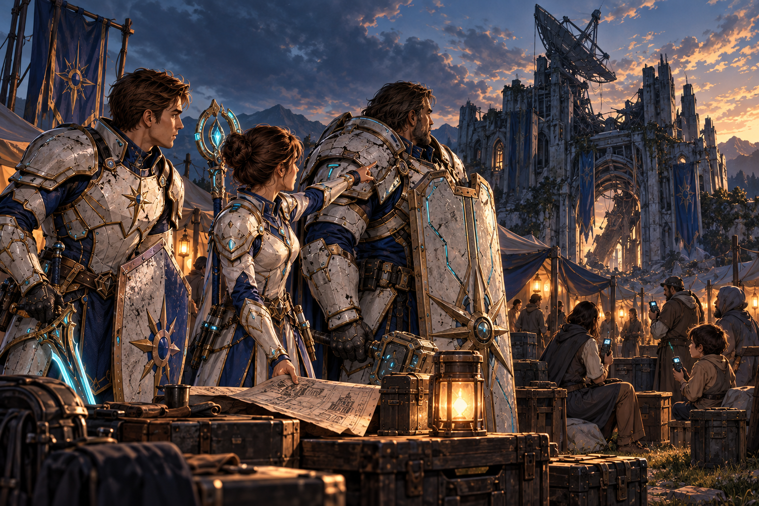 Arin, Mira and broad Orin in field armor study a damaged archive and communications building from a Veyra emergency camp, just three companions at this stage. Local families beside tents hold silent transmitters, hoping to contact loved ones. Mira points to the building's dark aerial, Orin shoulders his enormous rectangular shield. Evening teal wreckage, warm lantern glow, purpose forming without a heroic pose.