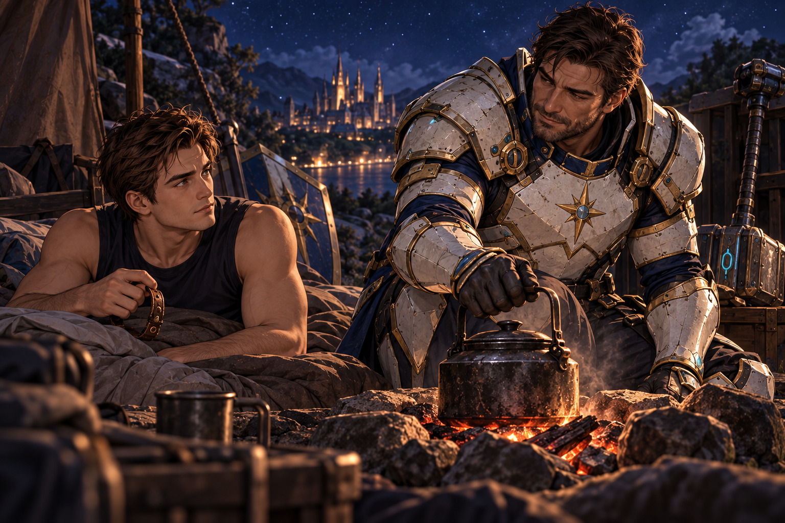 Only Arin and Orin are awake and visible beside a nearly spent campfire at night. Young clean-shaven brown-haired Arin has just woken on his bedroll, navy undershirt, worn wrist strap in his hand. Substantially broader older dark-haired stubbled Orin in loosened white/navy/gold armor moves a kettle toward the coals and offers comfortable silence. Intimate low framing of kettle and faces, no cosmic magic, no extra companions in view.