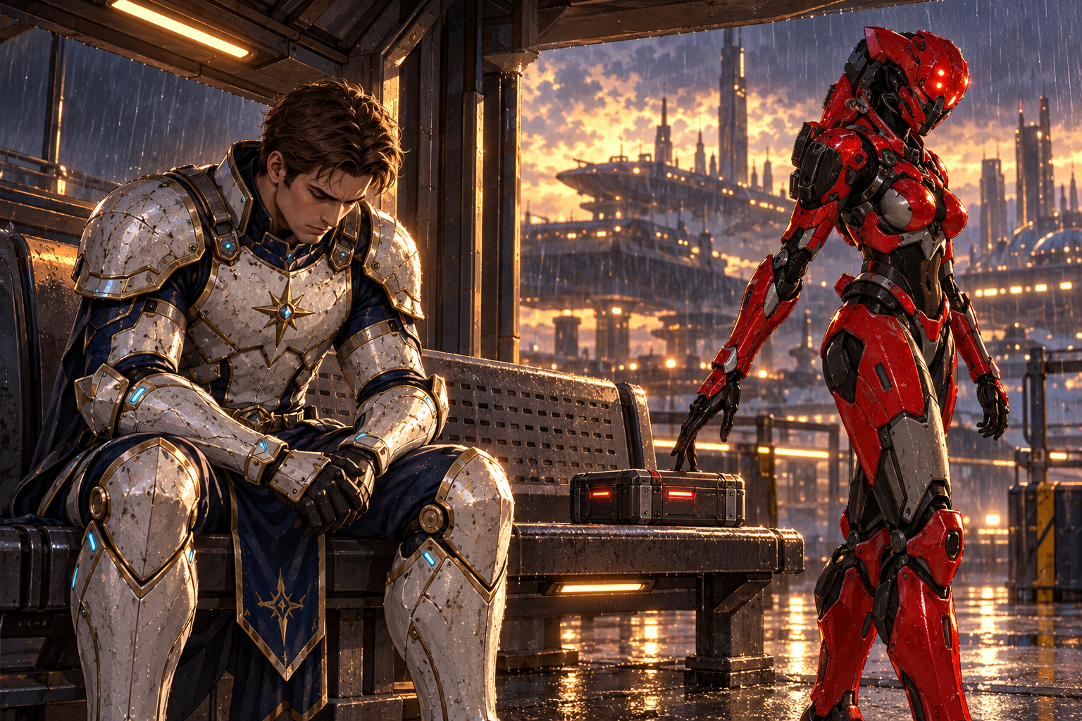 Zara sets a small data archive on a shelter bench and turns away from Arin, whose anger collapses into ashamed silence. Only youthful brown-haired armored Arin and the red/charcoal artificial woman Zara are visible, physical distance between them. Dusky amber station exterior, rain beyond shelter. Zara is dignified and resolved, not consoling him.