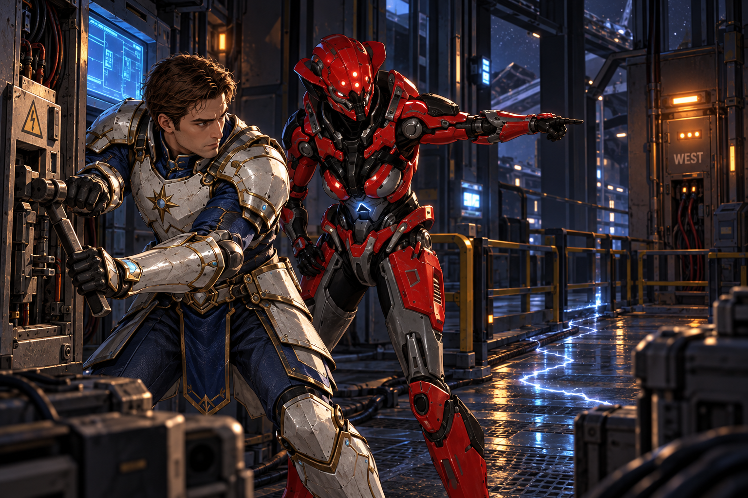 Only Arin and Zara in station service area during power failure. Zara the red and charcoal robot points to the WEST isolated circuit across the walkway; Arin works its manual lever exactly as she directs. Pale arc of electrical feedback along floor, practical teamwork. No one touches exposed current. Blue diagnostic light and amber emergency light.