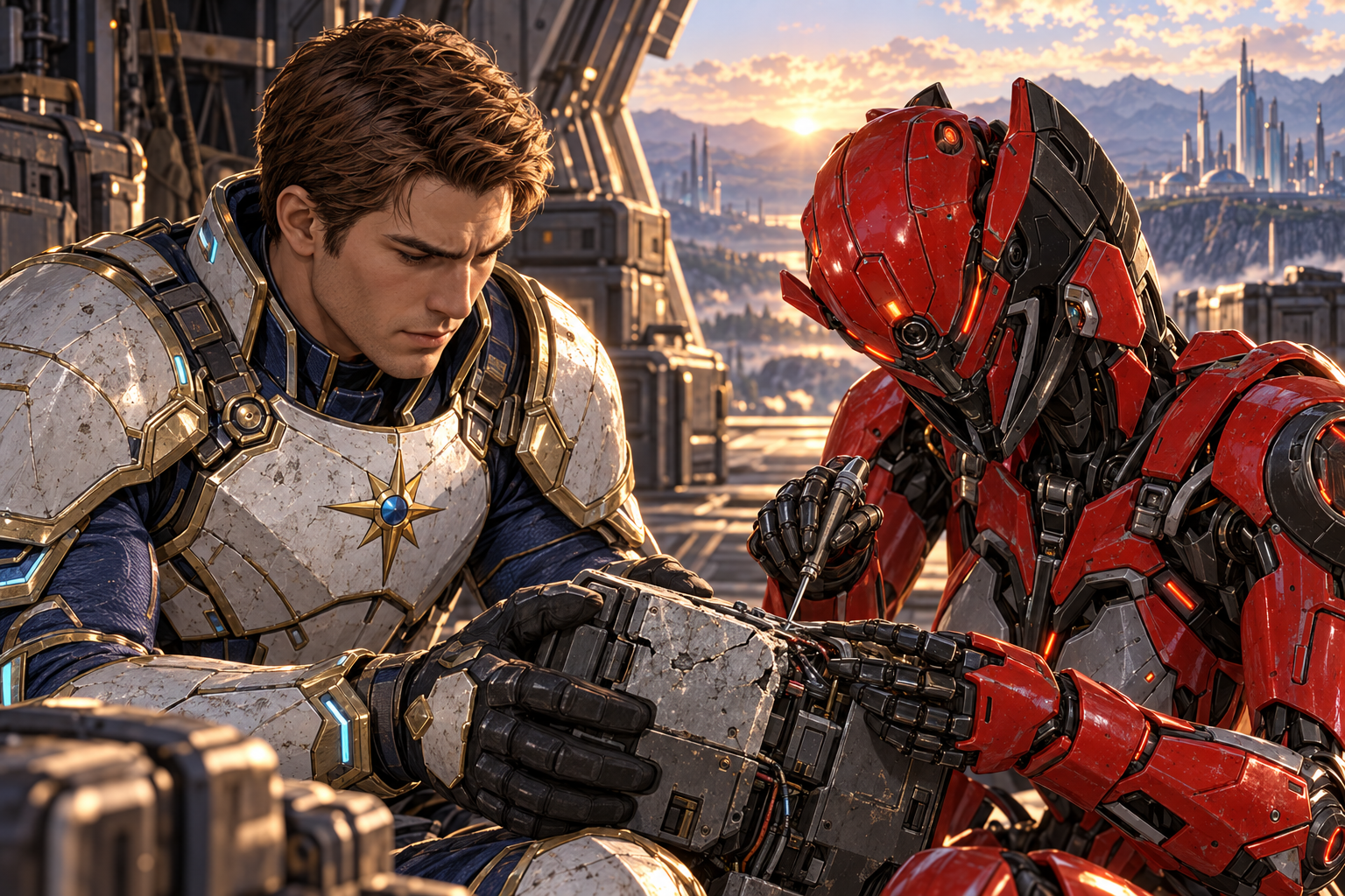 Only Arin and Zara, seated at the ship's cargo ramp in quiet morning. Zara red and charcoal fully mechanical woman uses a fine physical tool on a cracked equipment housing while Arin holds the other side steadily with both gloved hands. Close crop on faces and shared object, tentative trust without instant smiles or forgiveness. Soft sunrise, worn white/navy/gold armor.