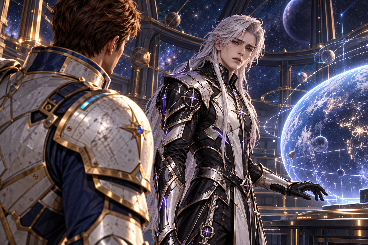 Only Arin and Kael at the vast dark observatory ring, close over-Arin-shoulder view toward youthful pale long-silver-haired Kael in black/silver cosmic armor. Kael's self-assurance cracks into uncertainty, his hand lowers from a holographic distant world. No other companions visible. Cold stars contrast with warm human face, tense intimate confrontation.