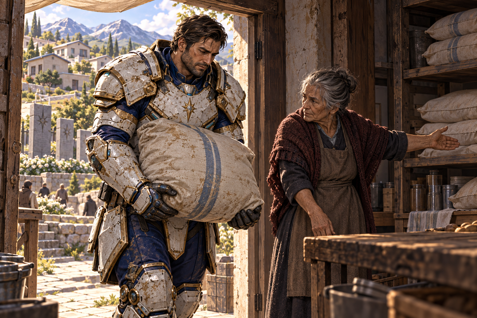 Only rugged broad Orin and an elderly anonymous resident at the doorway of an East Valley relief store. Orin in worn white/navy/gold heavy plate carries a real flour sack inside with lowered gaze while resident silently indicates where it belongs. Memorial stones and newer homes beyond, no readable names. Daylight, restrained grounded human consequence, no welcoming celebration.