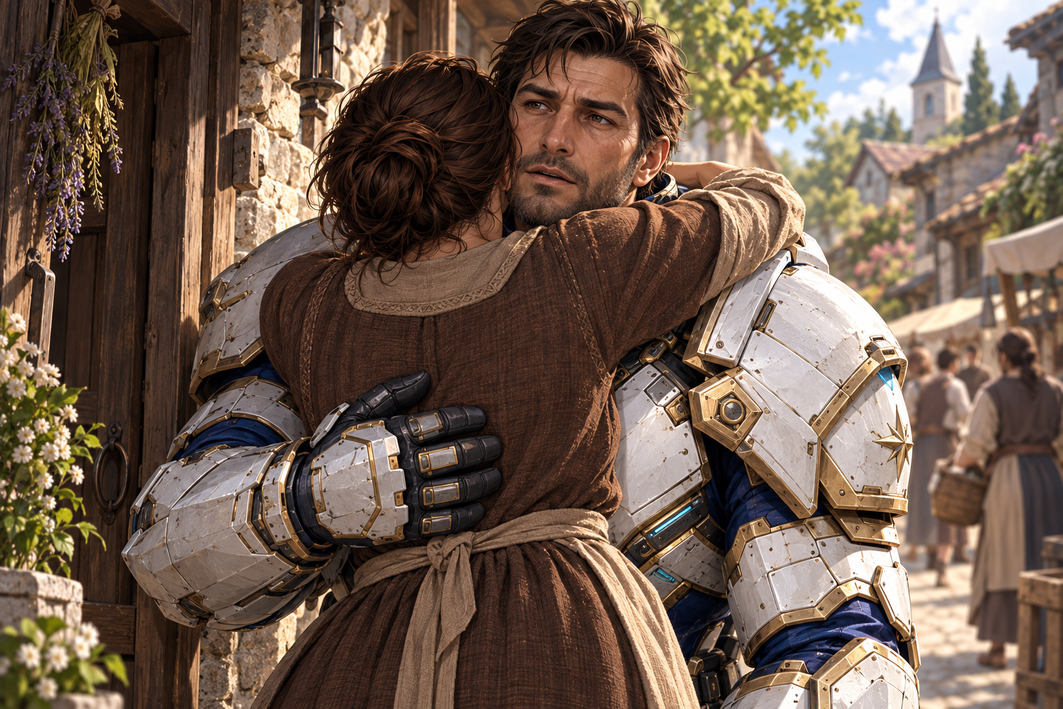 Only broad dark-haired stubbled Orin and his adult sister outside her village door. She embraces his huge armored shoulders firmly, his astonished weary face visible above her shoulder. She has dark brown hair tied back and plain warm brown village clothing. Daylight everyday neighbors softly blurred, no companions, no palace.