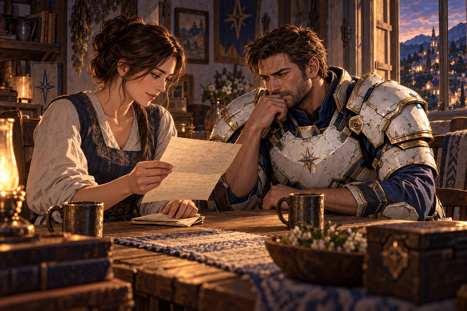 Only Orin and his adult dark-haired sister at a wooden table in her modest village home, warm evening lamp. She holds a SINGLE unfolded page she has permission to share, the rest of letter remains folded under her other hand. Rugged Orin listens vulnerably, heavy armor loosened. Letter has indistinct marks, no legible text, no ghost/vision of mother.