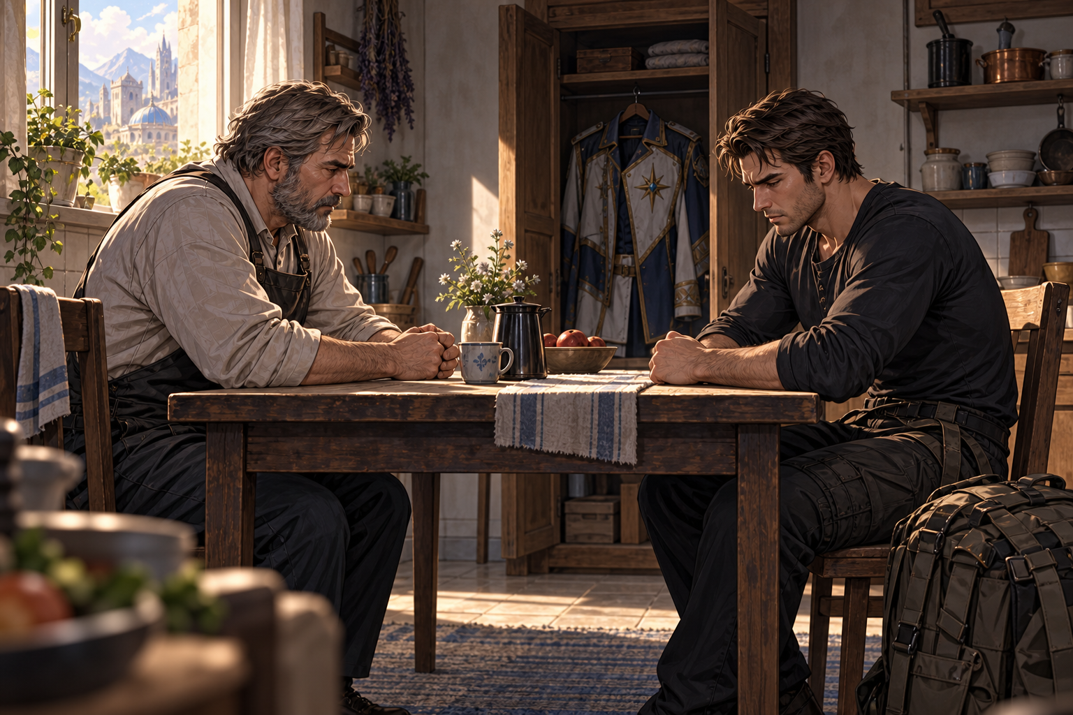 Only broad stubbled dark-haired Orin and his older gray-haired father in modest kitchen. Orin finally sits across wooden table and lowers his pack to floor, father quietly pulls his own chair in. Open cupboard behind contains an old neatly hung military coat. Space and unresolved sadness between them, late morning daylight. No embrace, no cheerful reconciliation, no weapons held.