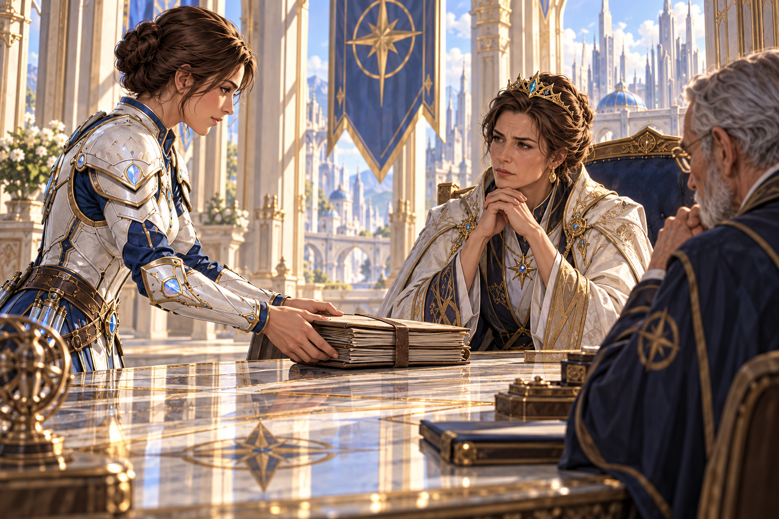 Only brown-bun armored Mira, her mature brown-haired mother the Queen in white/gold court robes and small crown, and an anonymous elderly investigator at a Neris council table. Mira hands over copied ledgers with quiet resolve; the queen listens seriously. Queen must be clearly middle-aged with brown hair in an updo, never silver-haired or youthful. No readable writing. Daylight, white-gold civic room.
