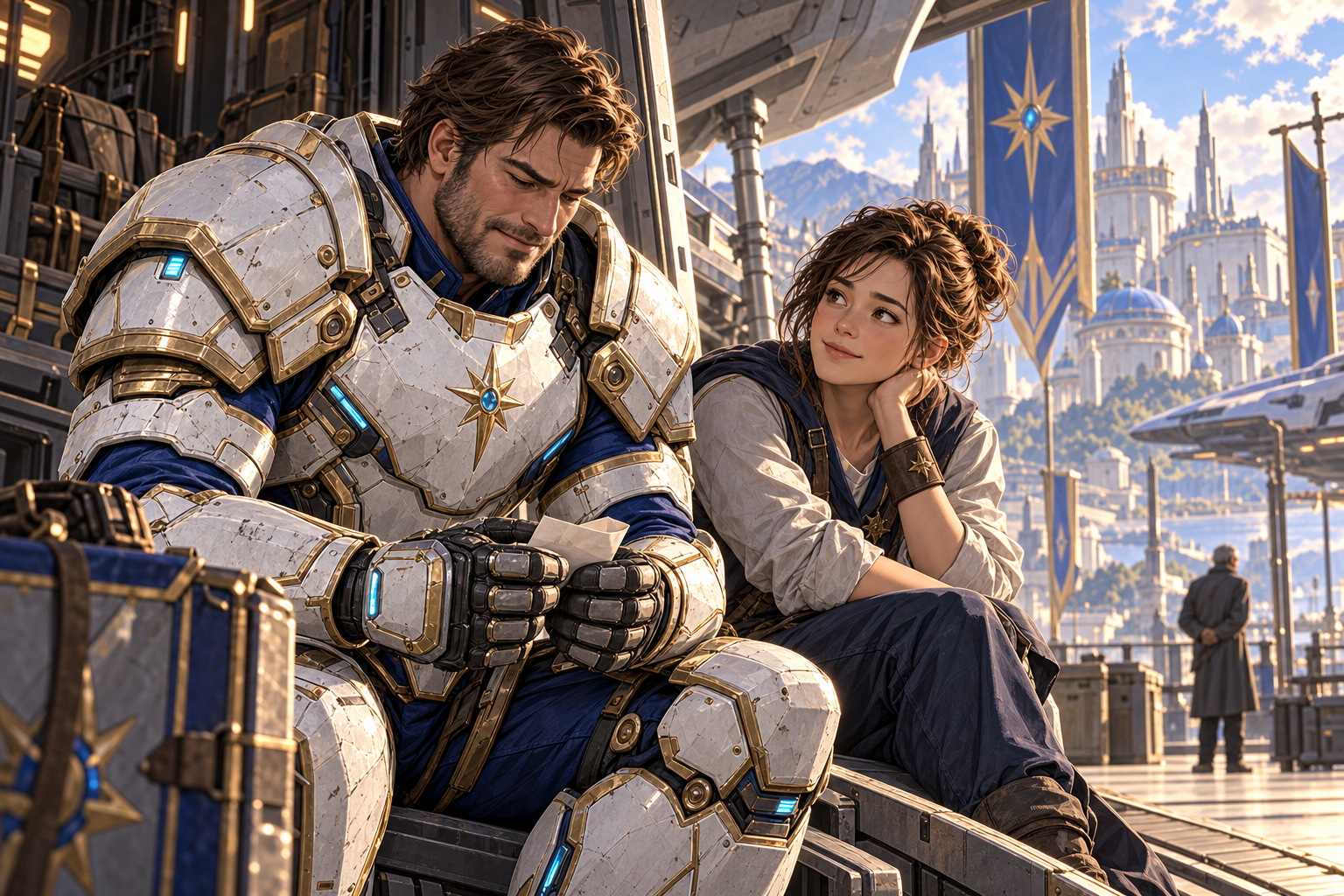 Only rugged broad Orin and his adult dark-haired sister beside the departure ramp. He carefully folds their mother's short reply into his huge gauntleted palm with tentative relief; sister watches. Father is only a tiny indistinct older silhouette by distant fence, not a second Orin. Afternoon light, understated family tenderness. No readable lettering.