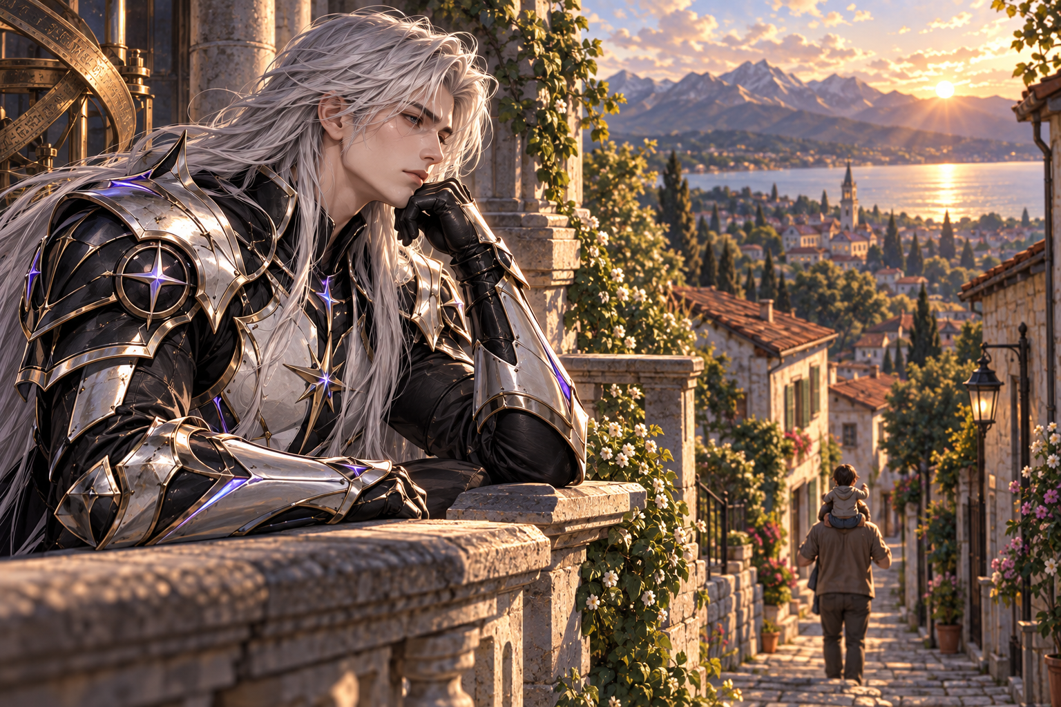 Only youthful long-silver-haired Kael visible near camera on old Earth observatory terrace. Black/silver cosmic armor and violet star accents, quiet melancholy as he watches tiny ordinary parent lift tired child onto shoulders on hillside town lane below. Warm late afternoon ordinary life; no magic spell, no destruction, no other companions.