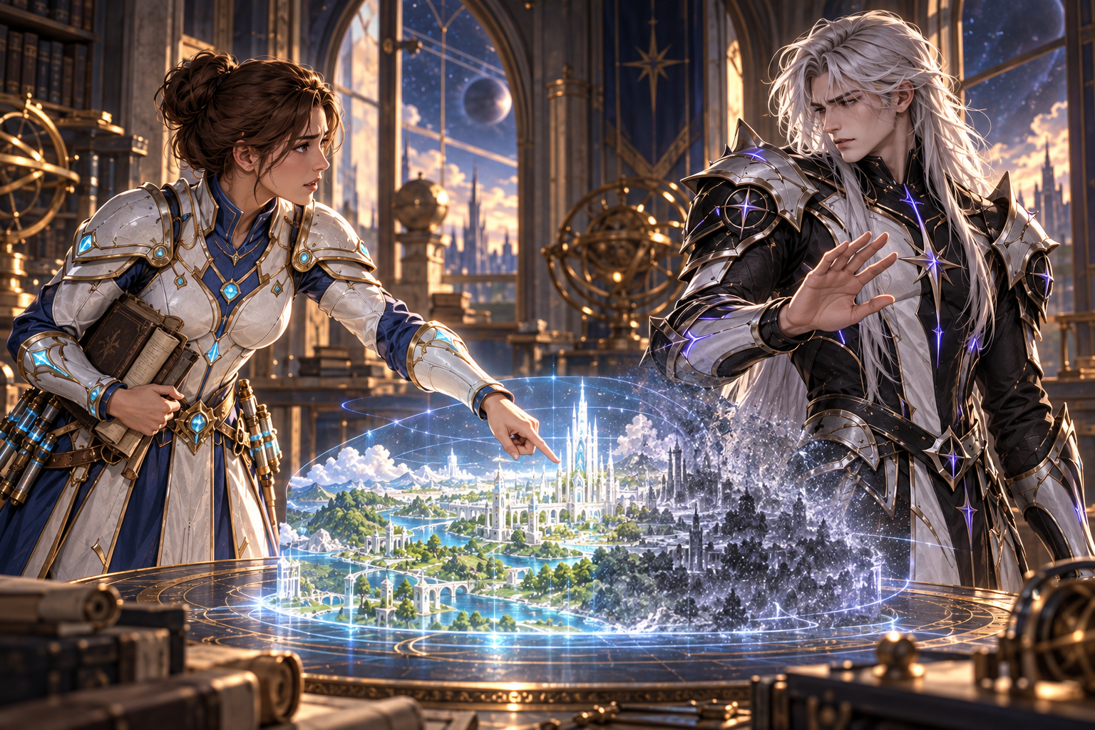 Only Mira and Kael facing each other in observatory records chamber. Mira brown bun white/navy/gold healer armor points at a fading luminous model of a thriving green city; youthful pale long-silver-haired Kael pulls his hand away from the projection defensively. Intimate tense two-shot, healer values concrete lives. No readable labels, no unrelated party.