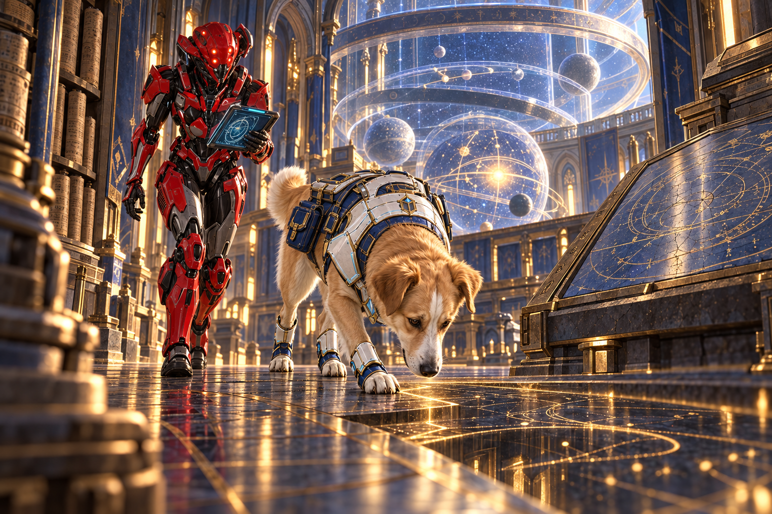 Only golden-white quadrupedal Milo and red/charcoal fully mechanical Zara in immense archive corridor. Milo's muzzle indicates a hidden spatial route below a visual map while Zara follows with handheld translator. Beyond, colossal translucent nested astronomical rings show successive cosmic models, not images of people. Low canine-height camera, amber and cyan ancient architecture, clear four legs, no human party.