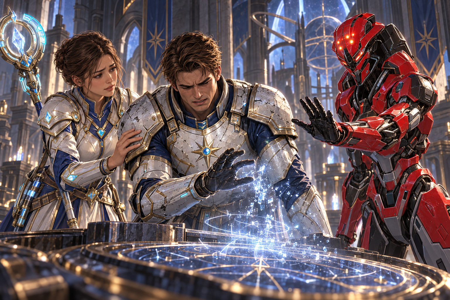 Only Arin, Mira and Zara beside a fragile glowing archive interface. Arin pulls his hand away painfully as the small abstract luminous trace loses coherence, Mira close with compassion, red mechanical Zara holding out a careful stop gesture. No visible ghosts, no resurrected parents. Soft cold glow in ancient stone-and-metal hall, restraint and grief.