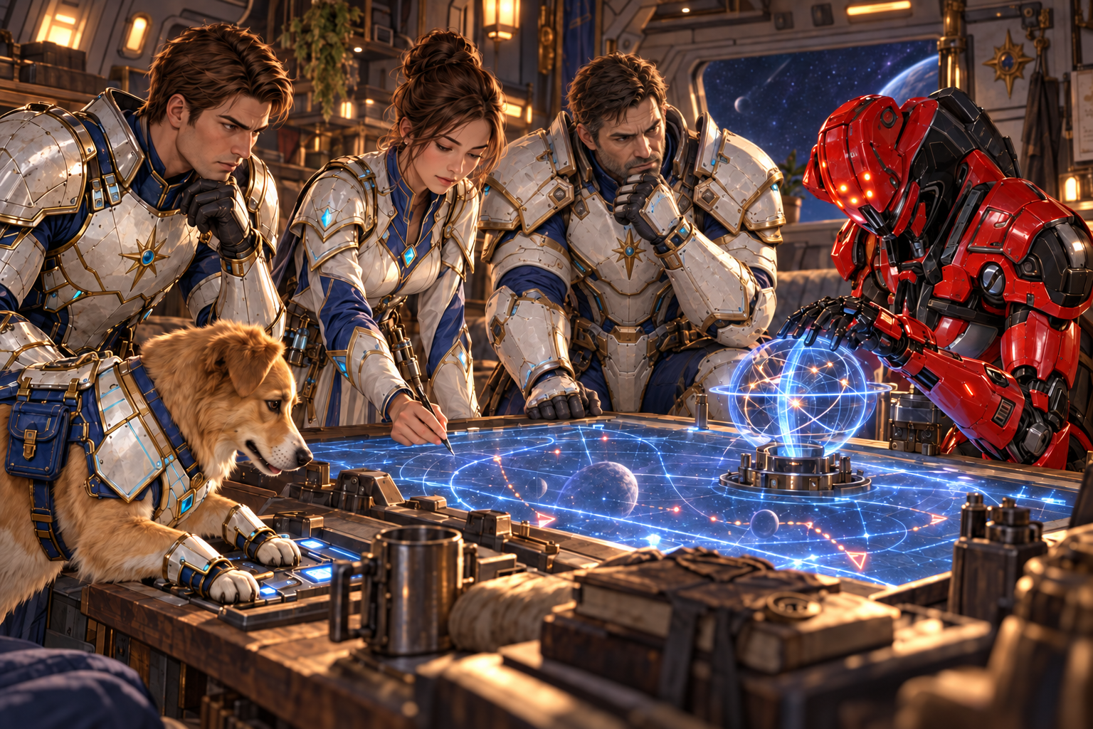 Five companions around low ship common-room navigation table: young armored Arin listening, brown-bun Mira marking supplies, broad rugged Orin inspecting retreat route, red mechanical Zara aligning navigation device, golden-white FOUR-LEGGED Milo operating low paw control beside table. Warm practical cabin, quiet teamwork and agency, no heroic lineup, no readable map labels.