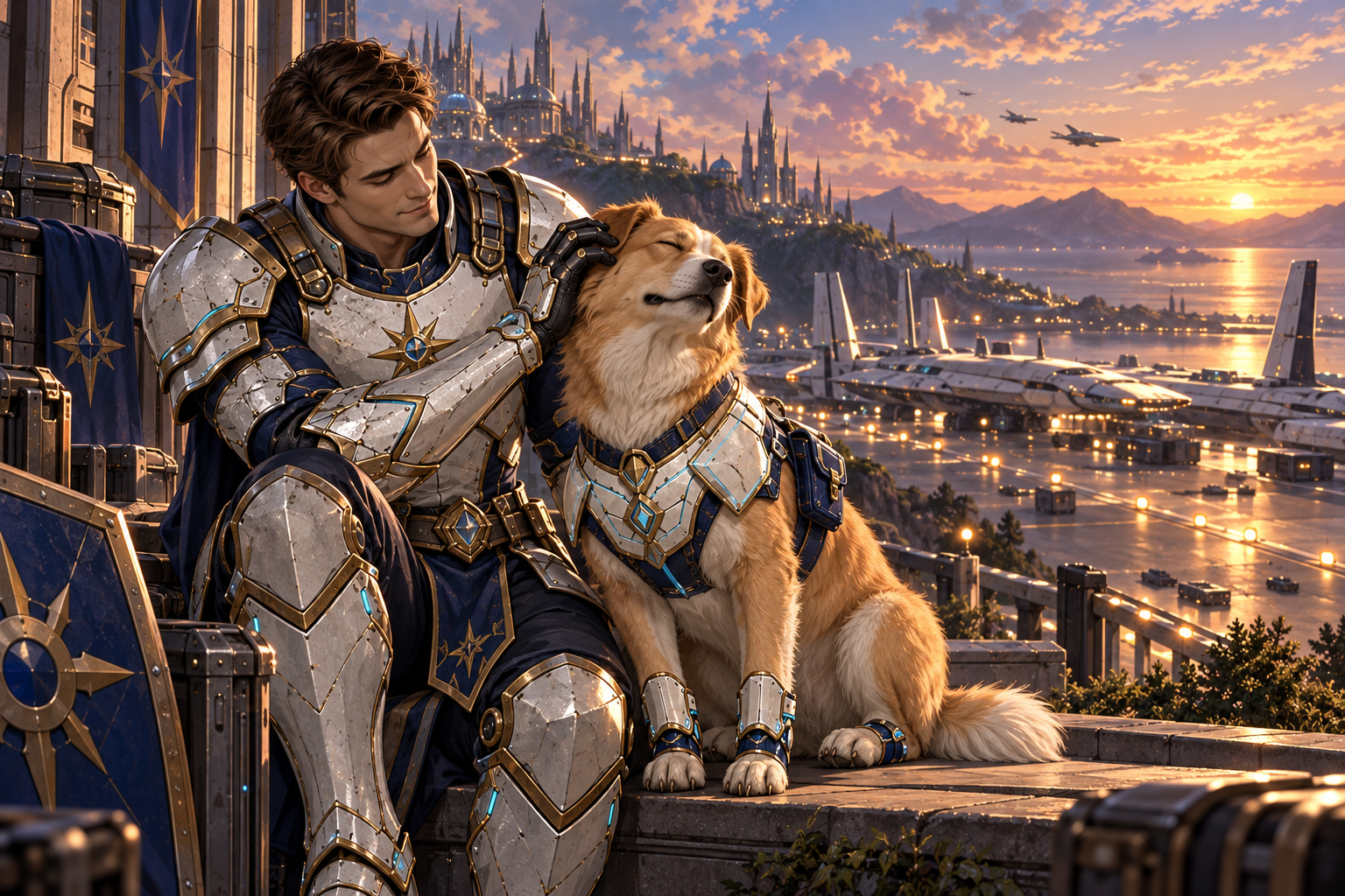 Only Arin and golden-white FOUR-LEGGED Milo seated side by side at last safe port departure overlook. Arin smiles faintly while scratching behind the dog's ear after welcome; Milo leans into the contact with dignity and contentment, harness remains white/navy/gold and all paws canine. Evening runway lights beyond. Human-dog friendship at quiet scale, no other cast.