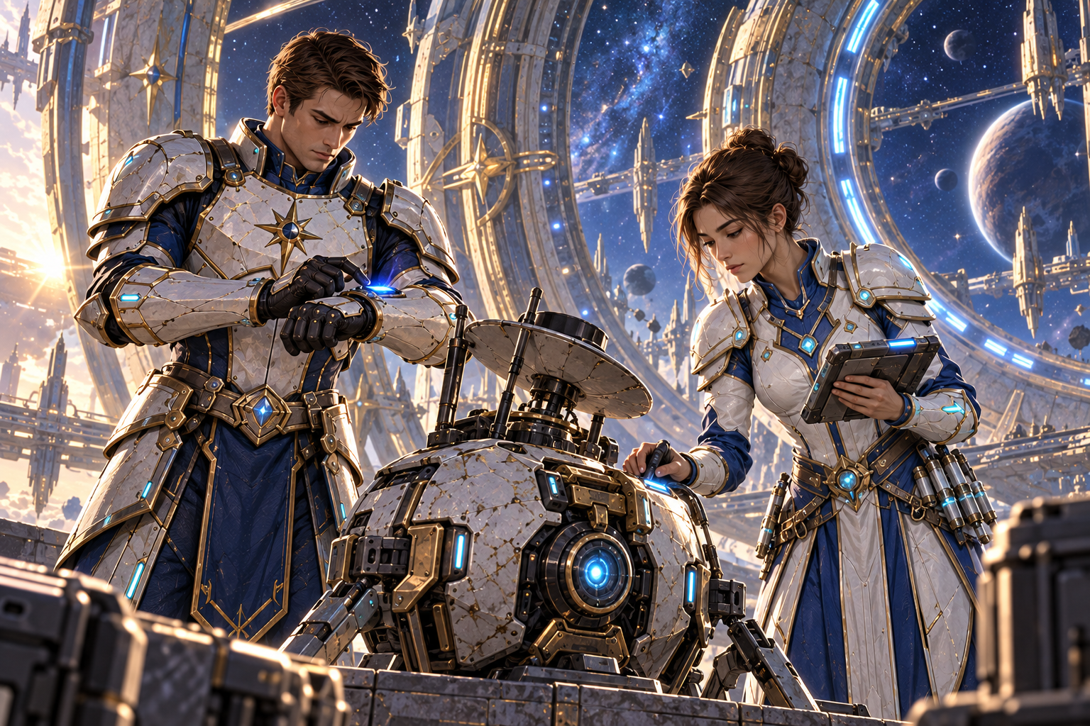 Only Arin and Mira standing beside a compact returning unmanned probe on ancient gateway approach. Arin checks small synchronized blue pulse lights on wrist equipment; brown-bun Mira compares the probe's instrument with her own. No readable numbers. Behind them huge turning rings frame stars, no gateway crossing yet. Practical preparation, full intact footing, blue-gold light.