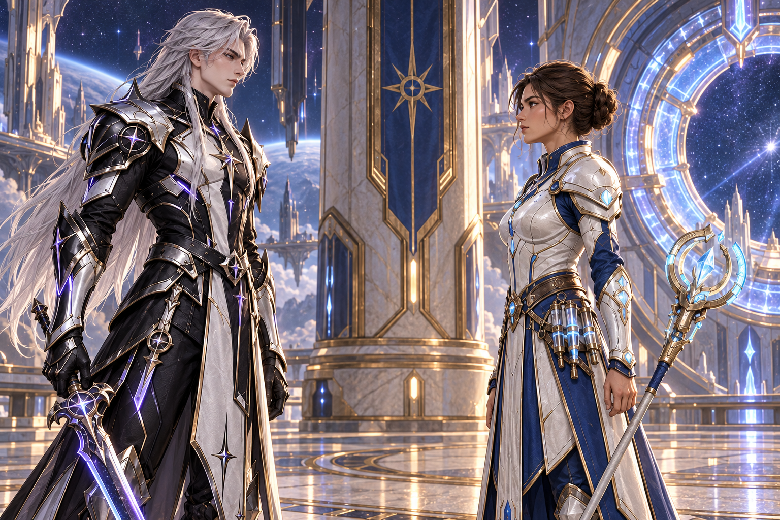 Only Mira and Kael face each other across outer gateway chamber. Youthful pale long-silver-haired Kael black/silver armor with violet stars holds rigid posture; Mira warm-tan brown bun white/navy/gold healer plate stands unflinchingly with staff lowered. A stable support pillar and separate luminous access ring are visibly distinct behind them. Eye-level intense human two-shot.