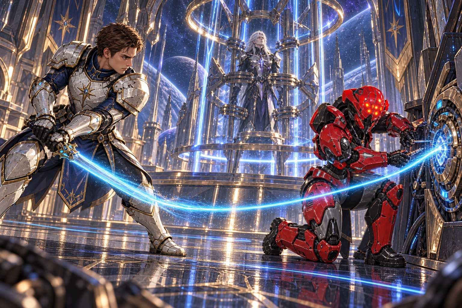 Only Arin and Zara prominently visible, distant Kael constrained at central gateway interface. Young Arin redirects a narrow cyan current from his lowered sword toward an exposed side focus that red mechanical Zara has opened with tools. Lean kinetic composition with diagonal energy arc that misses Kael. Continuous arena floor, precise teamwork rather than massive uncontrolled explosion.
