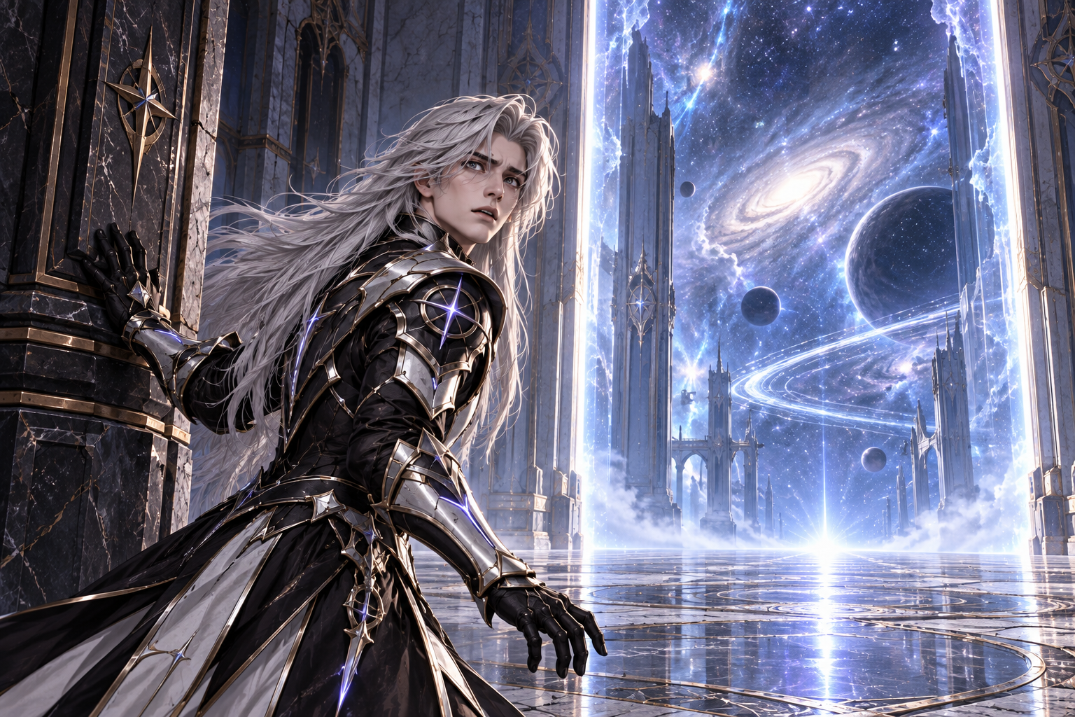 Only Kael close in foreground, pale youthful face and very long silver hair, black/silver armor. He involuntarily starts toward newly opened immense doorway of white-blue cosmic depth, catches his own step with frightened recognition, hand against a pillar. Wide negative space beyond gate, cold mysterious light. No destruction, no extra cast.