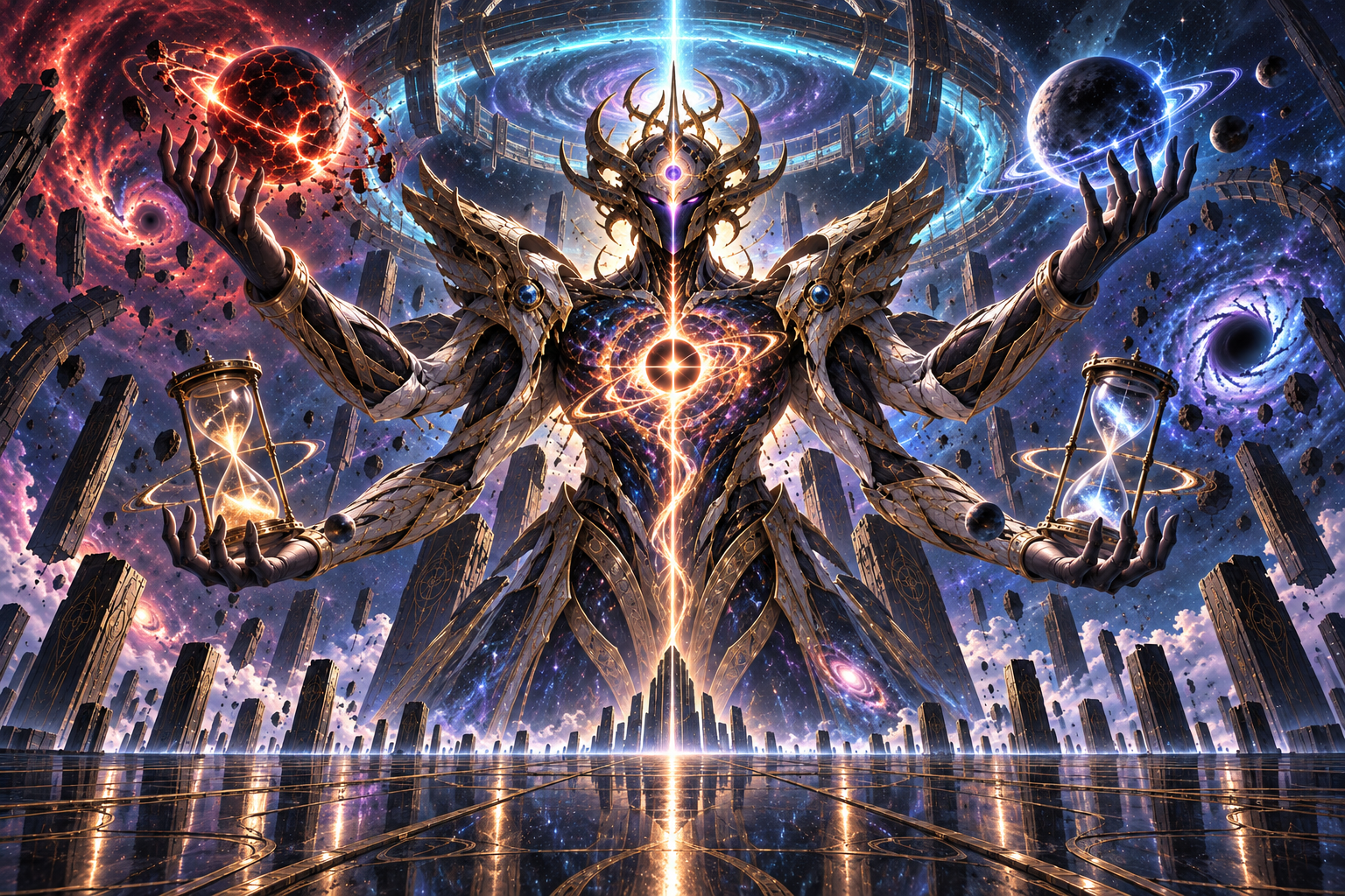 Wide cosmic architecture illustration with ONLY enormous four-armed helmeted black-and-gold Aevos. A BRIGHT THIN chest connection runs from his embodied figure to a separate colossal sustaining torus far behind, which glows with its own steady cyan pulse. Red fracturing planet, blue cold planet and hourglass vessels frame him. Reflective dark floor, incomprehensible scale, no text, no humanoid hero party foreground.