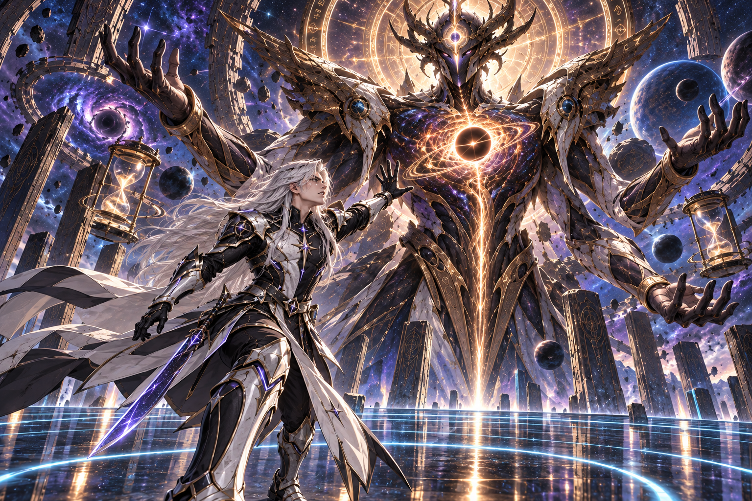 Only long-silver-haired youthful Kael in foreground, taking a defiant step and lifting an open hand to interrupt towering four-armed black-gold Aevos behind. Kael's vulnerable anger is clear, not grandiose magic. Reflective Origin platform and slow cyan sustaining rings, no battle blast. Two distinct figures, cinematic low angle.