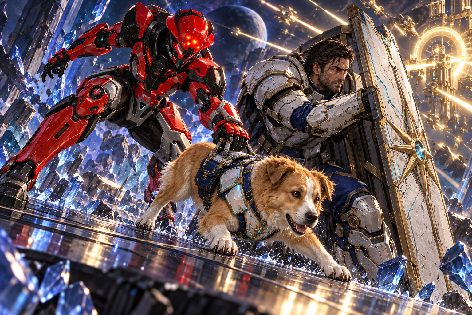 Close kinetic shot of red mechanical Zara catching golden-white quadrupedal Milo by his BODY HARNESS after a blue navigation marker shatters; Milo's four canine paws scramble onto solid platform. Broad dark-haired stubbled Orin braces huge rectangular shield between them and distant incoming golden energy. No collar suspension, no blood. Reflective cosmic floor fragments, motion and desperate care.