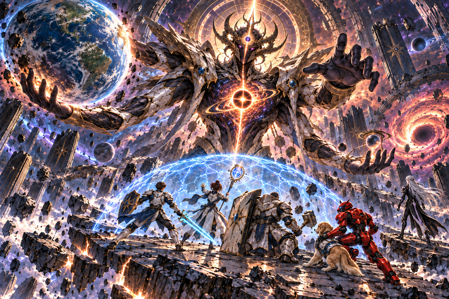 Colossal four-armed Aevos hurls a planet at Arin, Mira, Orin, red robot Zara and Milo. The party braces together behind a blue barrier on a shattered cosmic causeway; silver-haired Kael watches from the platform edge.