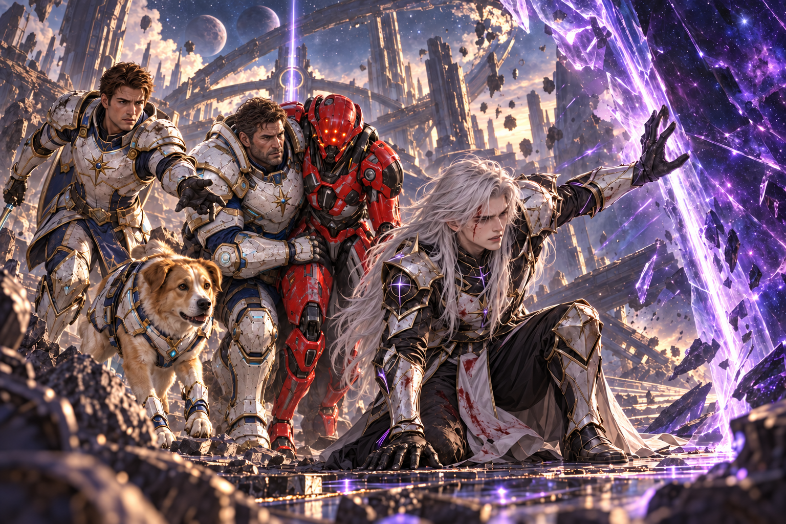Wounded long-silver-haired Kael kneels in foreground and uses one shaking hand to turn a fractured violet translucent barrier sideways, making passage for broad rugged Orin supporting red mechanical Zara and golden-white four-legged Milo toward safety. Arin reaches Kael from near edge. Full continuous Origin arena, no gore, exhausting protective effort, not effortless omnipotence.