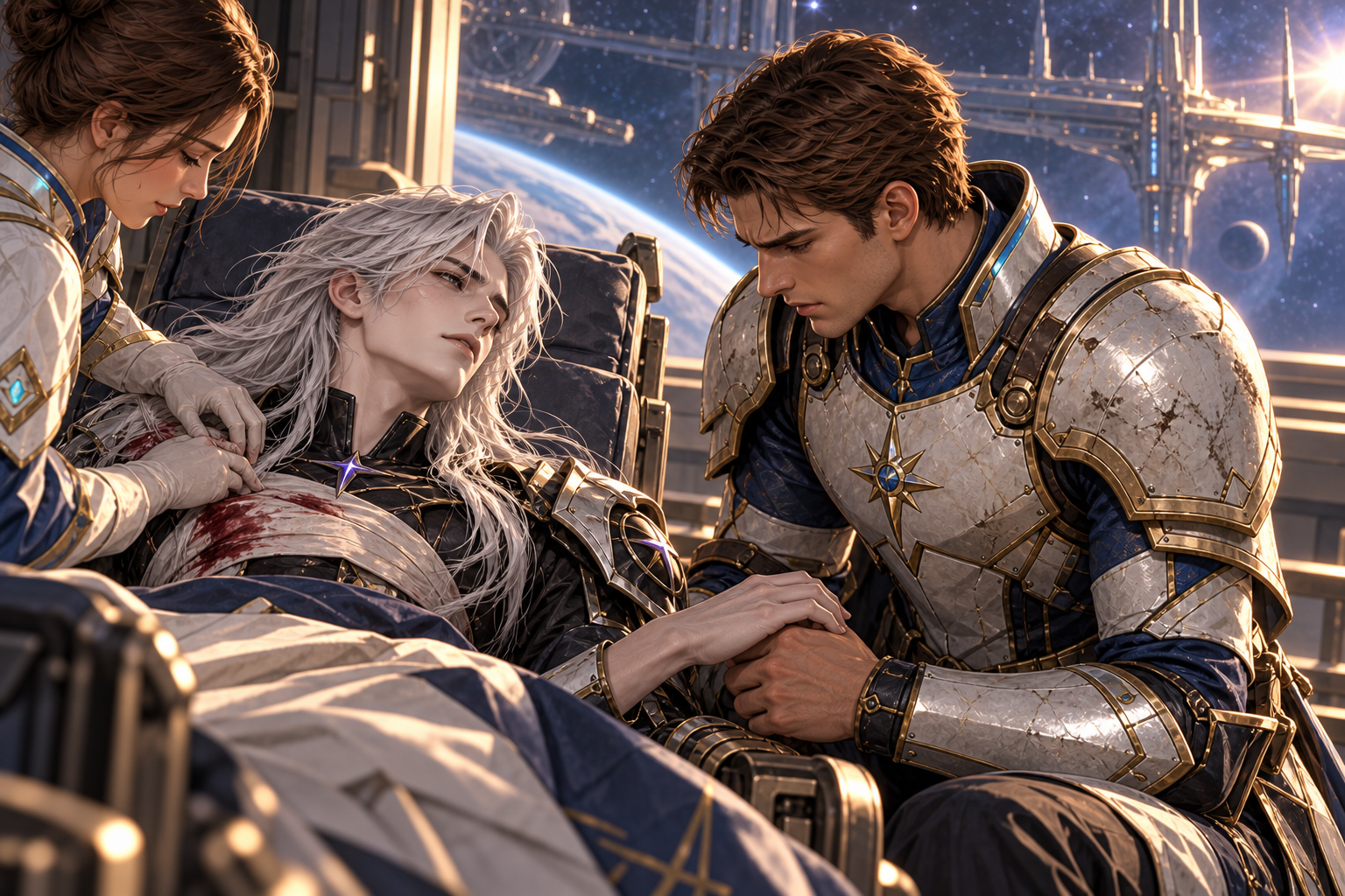 Only critically wounded youthful pale long-silver-haired Kael reclining on prepared transport support and young brown-haired Arin kneeling beside him, Mira softly visible stabilizing injury at edge. Kael weakly touches Arin's wrist as family, NO glowing transfer between hands, no power inheritance, no revived healthy Kael. Tender close-up against distant quiet cosmic machinery, dignity without gore.