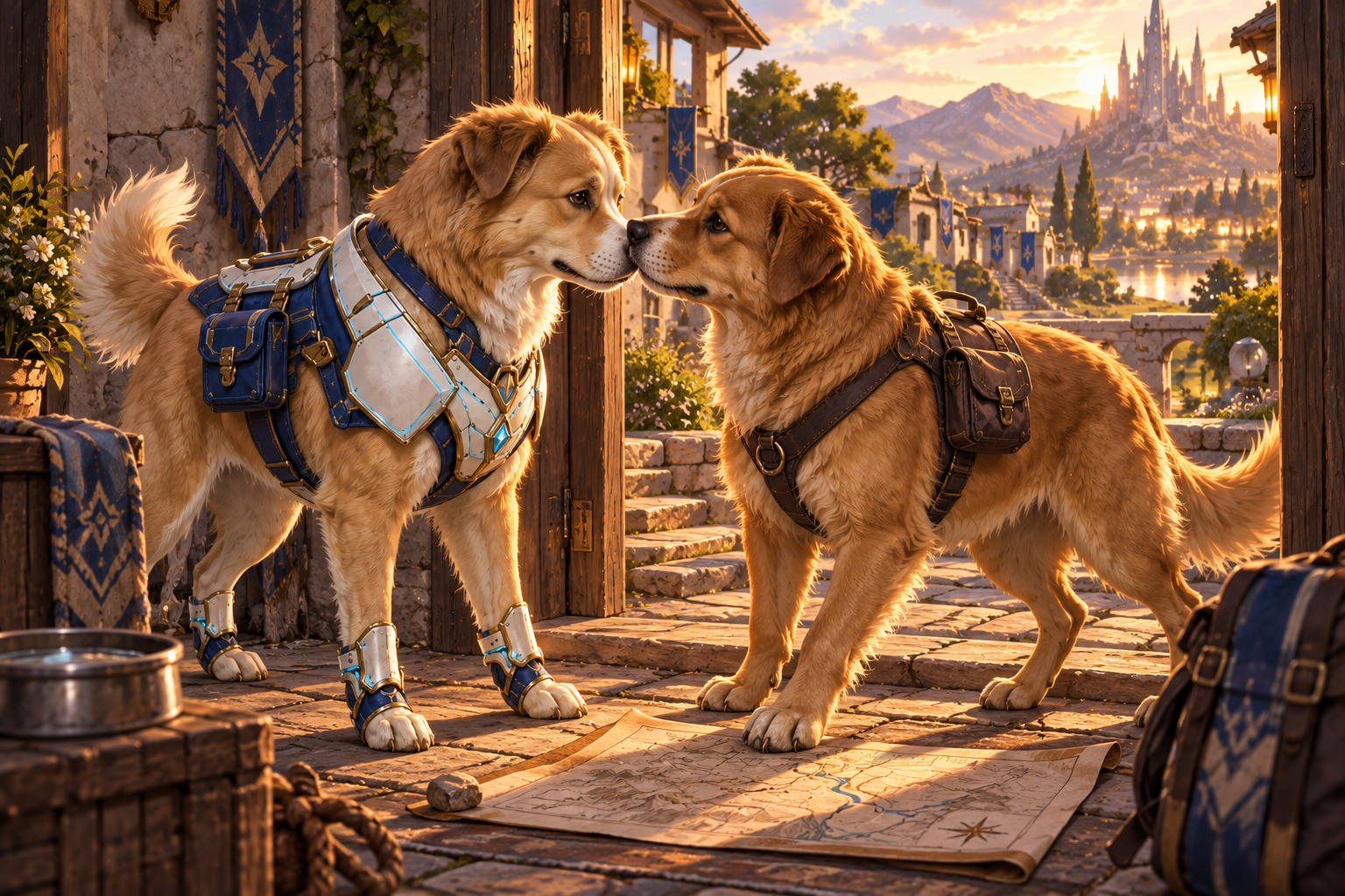 Only golden-white quadrupedal Milo in white/navy/gold toolharness greeting his darker golden canine route partner in simple civilian harness at a low Kynari village doorway. Two dogs touch noses before words; partner's paw rests near a low route projection. Warm late light and lived-in canine-height furnishings, four paws each, no hands, no human companions.