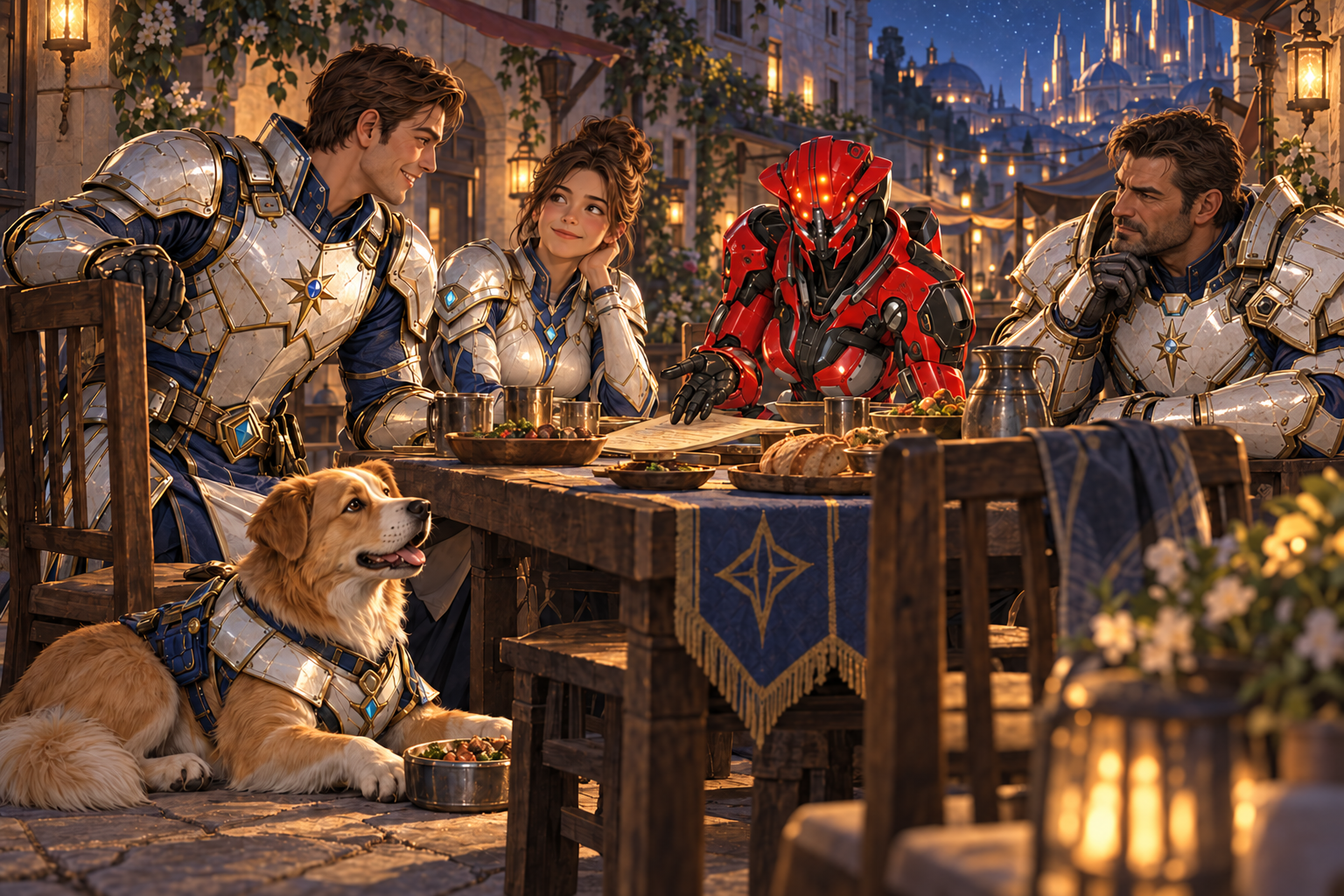 Final intimate evening meal: Arin slides into the empty chair reserved for him, seen near eye level with his relieved real smile. Brown-bun Mira sits beside the space, broad rugged Orin opposite, red fully mechanical Zara gesturing over a contract, golden-white FOUR-LEGGED Milo beside a low plate on floor. Warm lamplit outdoor table, modest Neris street under stars. All five distinct, no Kael, no boss, no extra humans at their table, no readable text.