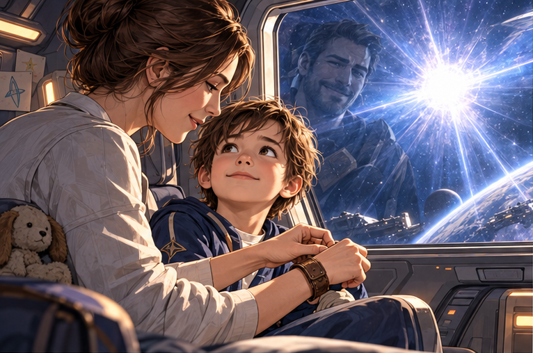 Inside a civilian spaceship, a mother's hand fastens a worn wrist strap on a young boy; his father's smiling face is reflected in the window, beyond which a sudden white flash begins. Tender memory interrupted, no bodies or gore.