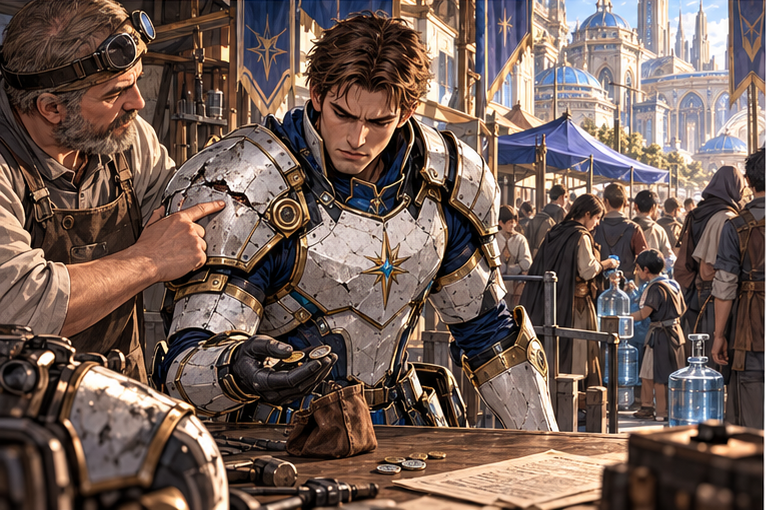 At a Neris repair stall, adult Arin in battered surplus white navy gold armor counts a few coins while a practical armorer points to his cracked shoulder rivet. Contract papers and a public water queue behind him.
