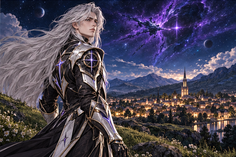 Kael with long silver hair and black silver cosmic armor stands on a grassy Earth hillside above an ordinary warmly lit town. He turns suddenly toward stars disturbed by a faint violet ripple. Quiet concern, no attack.