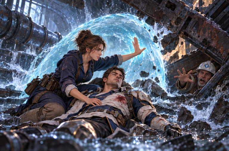 In flooded industrial waterworks, Mira in plain navy travel clothes with tied brown hair kneels beside injured adult Arin. She raises a curved turquoise water shield against falling machinery. A trapped surveyor is visible behind a damaged beam. Her focus is medical and decisive.