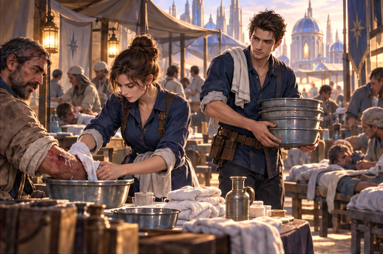 Before dawn in a crowded modest street clinic, Mira washes a surveyor's wound while weary Arin carries a stack of water basins. Rolled sleeves, clean cloths, tired patients. He could leave but stays.