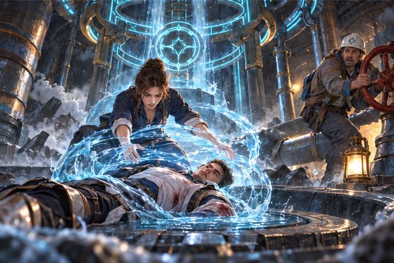 Under Neris, ancient cyan glyph rings threaded through modern pipes react to unconscious Arin; dust hangs in air. Mira braces a ring of water around him while a frightened municipal engineer works the isolated valve. No spoken magical letters.