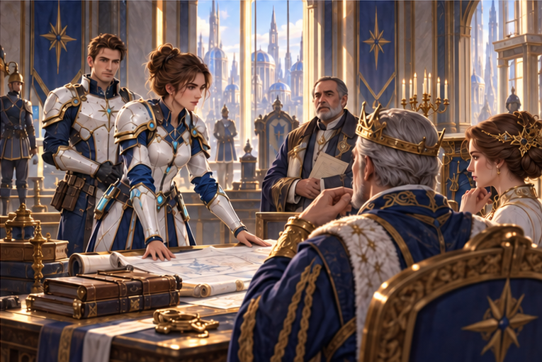 Neris palace council: Mira now in white navy gold field armor places waterworks logs and a relief plan before her living king and queen. Arin stands awkwardly behind her; a severe marshal watches. Travel cases at door, local engineer holding the handover.