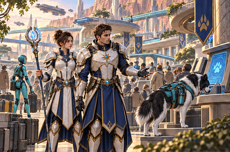 A bustling Kynari frontier spaceport on Veyra, amber cliffs and teal transit rails, low curved canine-built architecture, recessed scent-marked lanes, paw and nose operated kiosks, adjustable human counters. Intelligent quadrupedal dogs in tool harnesses work alongside human and diverse artificial civilians. A canine administrator looks directly at bewildered Arin; Mira beside him. No humanoid dogs.