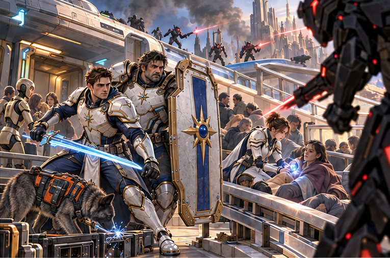 Veyra terminal under raider attack. Arin holds a narrow approach while Mira treats evacuees on the east ramp. Massive veteran Orin steps off a departing lift and raises his broad shield beside Arin. A Kynari engineer restores the rail from a low service housing. Distinct hostile angular black sentries in distance.