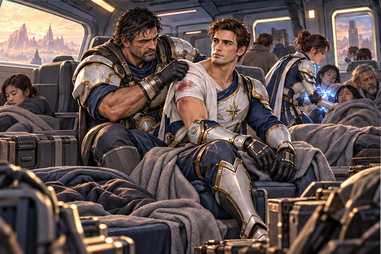 Inside an evacuation shuttle after escape, broad older dark-haired stubbled Orin carefully bandages younger clean-shaven Arin's shoulder with permission. Mira checks survivors behind them. Clearly distinct ages and builds, quiet exhaustion.