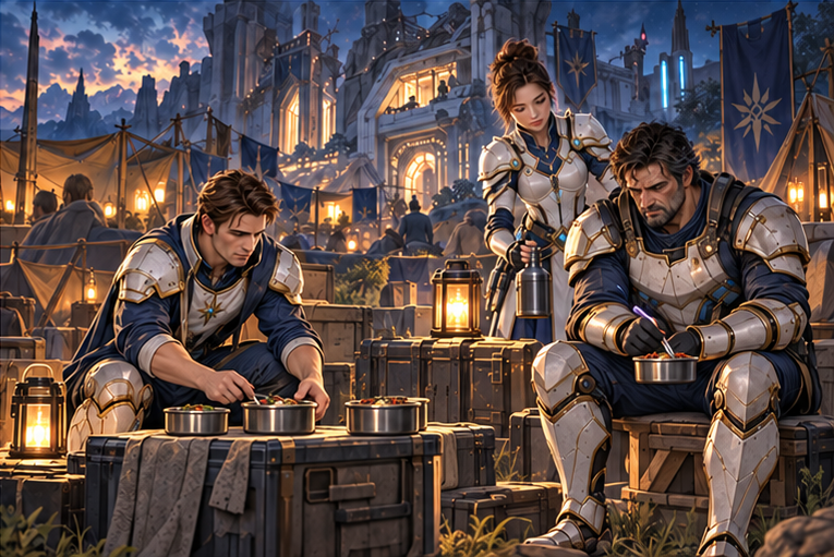 Evening emergency camp outside a damaged archive on Veyra: Arin lays out three food portions, Mira leaves a canteen beside Orin whose hand trembles from lightning use. Warm lanterns against teal wreckage.