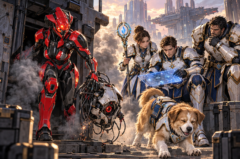 Red and charcoal fully artificial angular armored woman Zara backs out of a smoking low service hatch with a disabled surveillance unit. Four-legged golden-white dog Milo emerges wearing a white blue gold tool harness, sneezing dust. Arin Mira Orin listen to their route plan. No human face or hair on Zara.