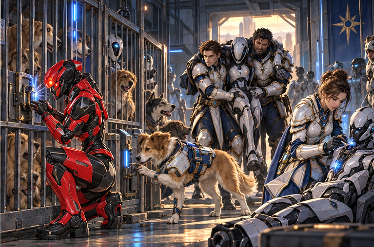 Zara disconnects detention locks from a hostile controller. Cages open for canine prisoners and artificial defectors; Milo uses a harness tool at a low contact. Arin and Orin return for an injured artificial person while Mira cools a damaged joint. No gore, no actual text on screens.