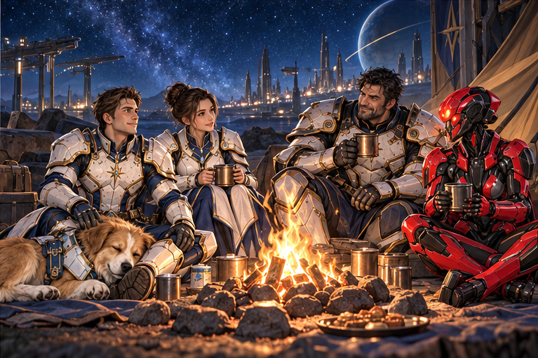 Exactly five companions round a small campfire: young Arin, Mira, broad older Orin, red armored robot Zara, and quadrupedal golden Milo resting against Arin's boot. Five portions, comfortable asymmetrical grouping, stars above a frontier port.